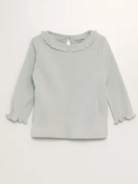 Camiseta de punto de canalé con volante en el cuello - VERDE