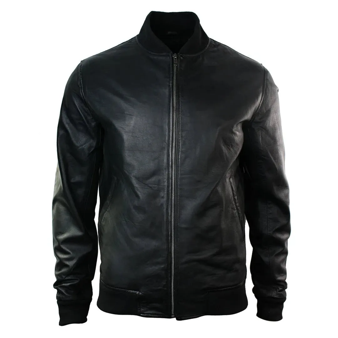 Chaqueta de bombardero universitaria negra de cuero real de corte entallado para hombre Clásico Retro Negro Marrón