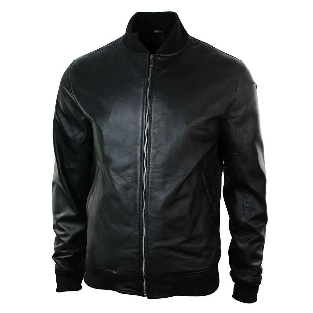 Chaqueta de bombardero universitaria negra de cuero real de corte entallado para hombre Clásico Retro Negro Marrón
