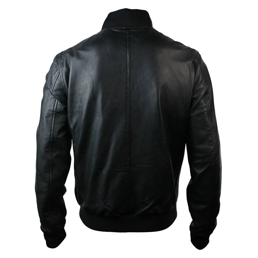 Chaqueta de bombardero universitaria negra de cuero real de corte entallado para hombre Clásico Retro Negro Marrón