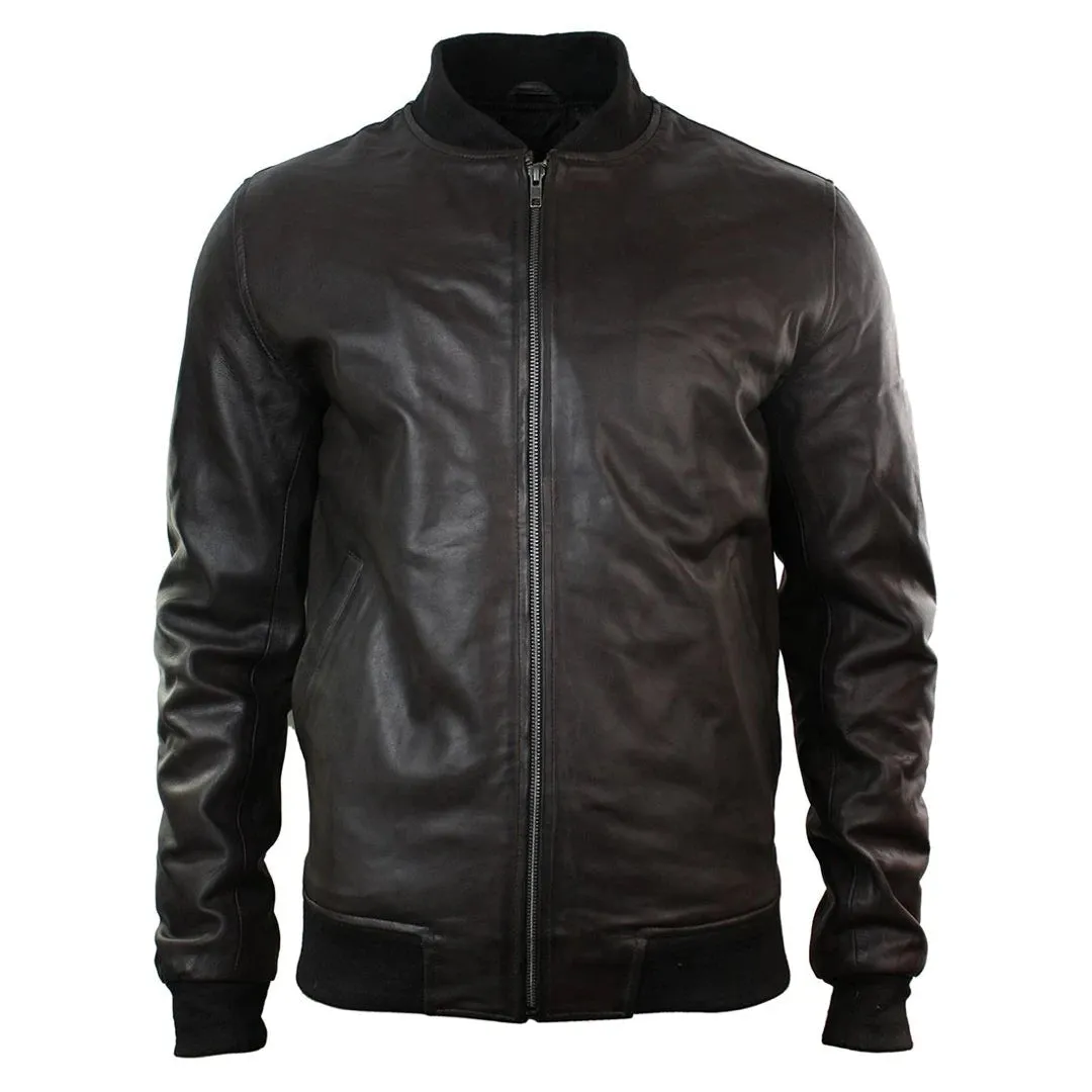 Chaqueta de bombardero universitaria negra de cuero real de corte entallado para hombre Clásico Retro Negro Marrón