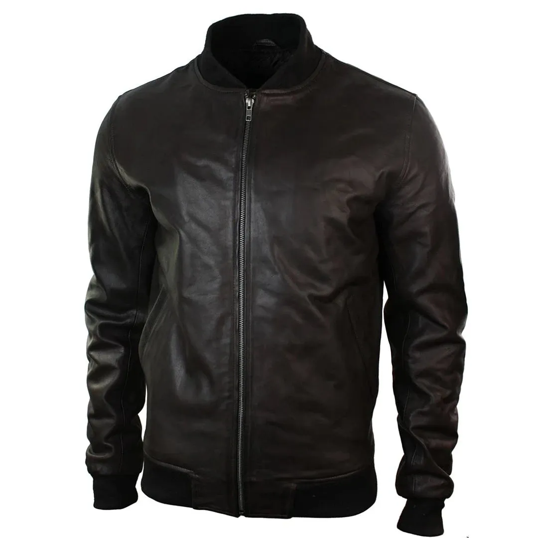 Chaqueta de bombardero universitaria negra de cuero real de corte entallado para hombre Clásico Retro Negro Marrón