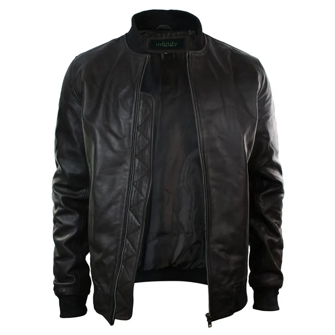Chaqueta de bombardero universitaria negra de cuero real de corte entallado para hombre Clásico Retro Negro Marrón