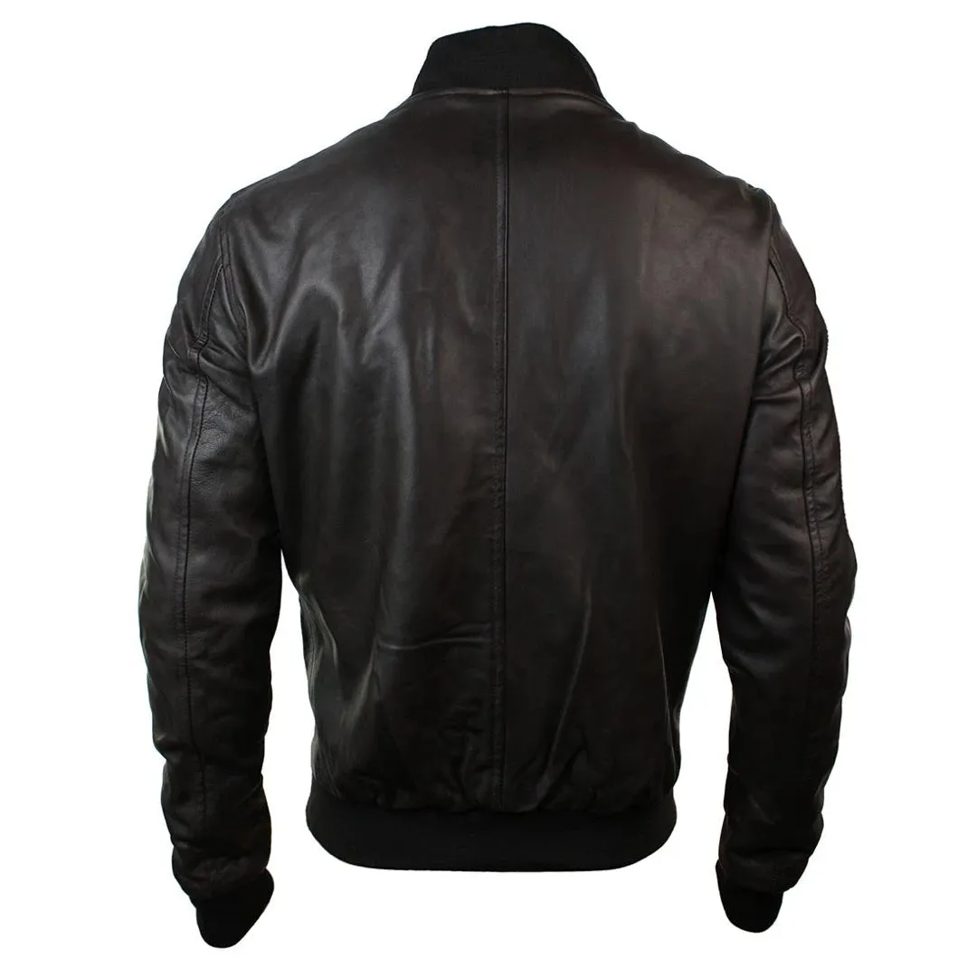 Chaqueta de bombardero universitaria negra de cuero real de corte entallado para hombre Clásico Retro Negro Marrón